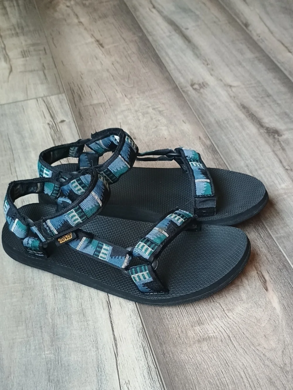 Teva Adjustable Strap Sandals in Blue and Teal Pattern